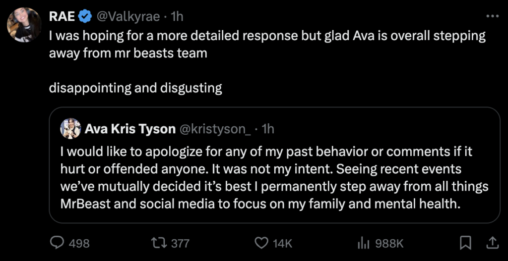 Valkyrae response to Ava Kris Tyson